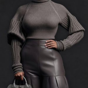 Urban Plain Turtleneck Puff Sleeve Sweater, Pullovers, color:As Picture|size:XXL, Stylewe