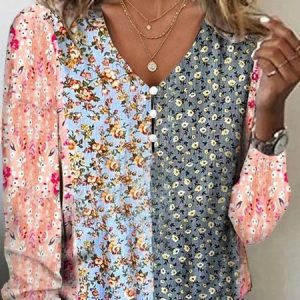 Women Geometric Long Sleeve Tee T-shirt V Neck Printing Vintage Spring/Fall Top, JustFashionNow T-Shirts, color:Pink|size:5XL,
