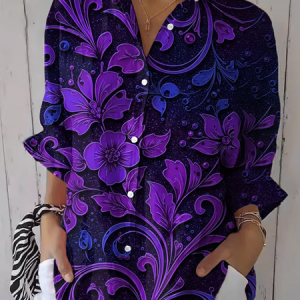 Women Floral Three Quarter Sleeve Shirt Spring/Fall Printing Shirt Collar Daily Casual Top, JustFashionNow Shirts, color:Purple|size:5XL,