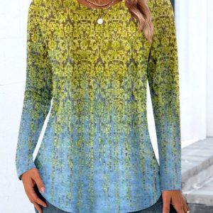 Casual Color Block Crew Neck Long Sleeve T-shirt, T-shirts, color:Yellow|size:4XL, catalog Noracora shop