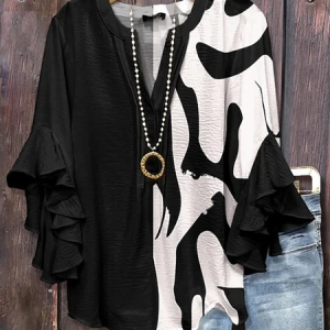 Women Abstract Half Sleeve Shirt Summer Printing V Neck Daily Casual Top, JustFashionNow Shirts, color:Black|size:5XL,