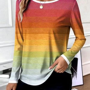 Casual Striped Crew Neck Long Sleeve T-shirt, T-shirts, color:Orange|size:4XL, catalog Noracora shop