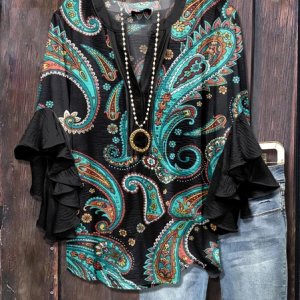 Women Paisley Half Sleeve Shirt Summer Printing V Neck Daily Casual Top, JustFashionNow Shirts, color:Black|size:5XL,