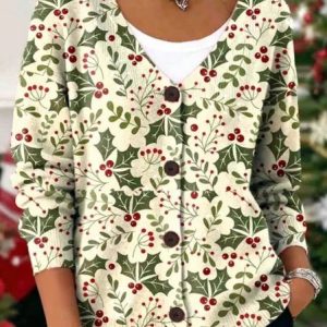 Women Floral Long Sleeve V Neck Casual Spring/Fall Cardigan Outerwear, JustFashionNow Cardigans, color:Beige|size:5XL,