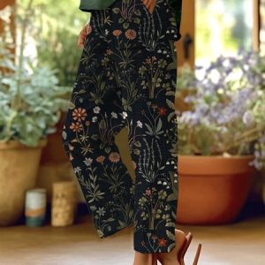 Women Floral Long Pants Casual Spring/Fall Trousers, Pants, color:Black|size:4XL, catalog Noracora shop