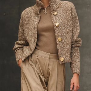 Casual Plain Buttoned Stand Collar Sweater Cardigan, Cardigans, color:As Picture|size:XXL, Stylewe