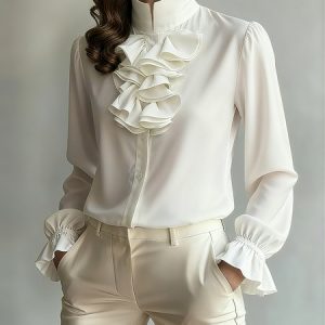 Cotton Urban Plain Peplum Lotus Leaf Collar Shirt, Blouses and Shirts, color:White|size:XXL, Stylewe