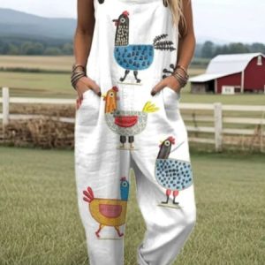 Women Animal Square Neck Gallus Casual Summer Cotton And Linen Jumpsuit, JustFashionNow Jumpsuits＆Rompers, color:White|size:4XL,