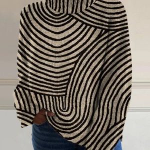 Women Striped Long Sleeve Comfy Casual Sweater, Sweaters, color:Black|size:3XL, catalog Noracora shop