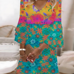 Women Floral Half Sleeve Summer Printing Dress V Neck Daily Casual Maxi H-Line Dress, JustFashionNow Casual Dresses, color:As Picture|size:XXL,