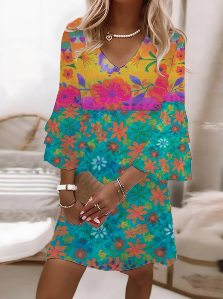 Women Floral Half Sleeve Summer Printing Dress V Neck Daily Casual Maxi H-Line Dress, JustFashionNow Casual Dresses, color:As Picture|size:XXL,