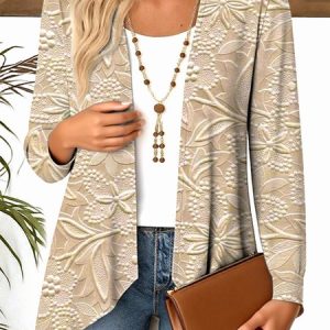 V Neck Long Sleeve Floral Regular Micro-Elasticity Regular Fit Blouse For Women, Blouses, color:Khaki|size:4XL, catalog Noracora shop