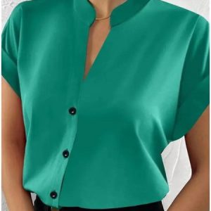 V Neck Short Sleeve Plain Regular Loose Shirt For Women, Shirts, color:Green|size:4XL, catalog Noracora shop