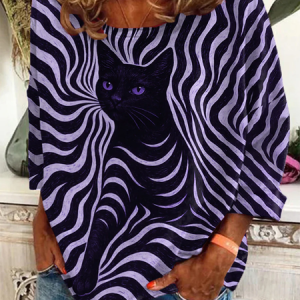 Vintage Cat Crew Neck Long Sleeve T-shirt, T-shirts, color:Purple|size:4XL, catalog Noracora shop