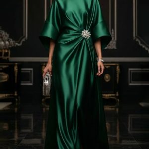 Elegant Plain Satin Crew Neck Party Maxi Dress, Maxi Dresses, color:Green|size:XXL, Stylewe