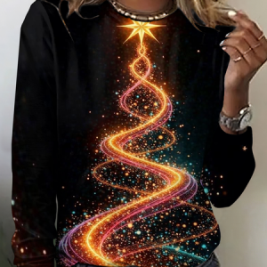 Vintage Christmas Tree Crew Neck Long Sleeve T-shirt, T-shirts, color:As Picture|size:4XL, catalog Noracora shop