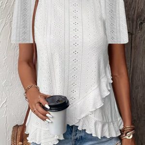 Casual Geometric Crew Neck Short Sleeve T-shirt, T-shirts, color:White|size:XXL, catalog Noracora shop
