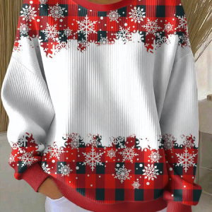 Women Plaid Crew Neck Printing Casual Spring/Fall Long Sleeve Sweatshirt, JustFashionNow Sweatshirts & Hoodies, color:White-Red|size:5XL,