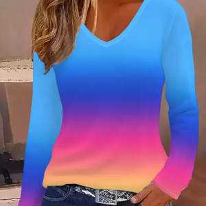 Women Ombre Long Sleeve Tee T-shirt V Neck Printing Casual Spring/Fall Graphic Tee Top, JustFashionNow T-Shirts, color:Blue|size:XXL