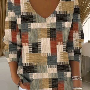 Women Cotton Geometric Long Sleeve Comfy Casual Sweater, Sweaters, color:Khaki|size:4XL, catalog Noracora shop