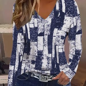 Women Abstract Long Sleeve Tee T-shirt V Neck Printing Casual Spring/Fall Graphic Tee Top, JustFashionNow T-Shirts, color:Purplish Blue|size:XXL
