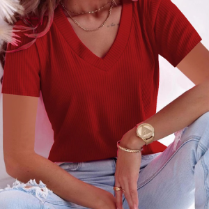 Women Plain Short Sleeve Tee T-shirt V Neck Casual Summer Top, JustFashionNow T-Shirts, color:Red|size:5XL,