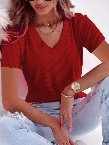 Women Plain Short Sleeve Tee T-shirt V Neck Casual Summer Top, JustFashionNow T-Shirts, color:Red|size:5XL,