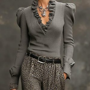 Urban Plain Peplum Balloon Sleeve Blouse, Blouses and Shirts, color:Gray|size:XXL, Stylewe
