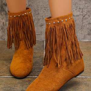Vintage Plain Slip On Low Heel Cowboy Boots, Shoes, color:Deep Brown|size:42, catalog Noracora shop
