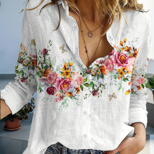 Women Floral Long Sleeve Shirt Spring/Fall Buckle Shirt Collar Daily Casual Top, JustFashionNow Shirts, color:White|size:5XL,