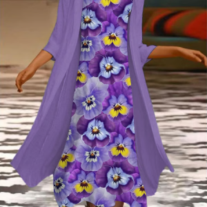 Women Floral Printing Two-Piece Set Daily Three Quarter Sleeve Casual Spring/Fall Coat With Skirt Matching Set, JustFashionNow 2-Piece Dresses, color:Purple|size:XXL,