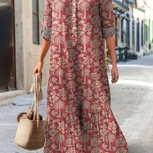 Women Floral Spring/Fall Dress V Neck Long Sleeve Shirt Dress A-Line Dress, Maxi, color:Red|size:3XL, catalog Noracora shop