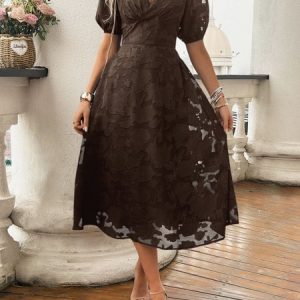 Women Elegant Floral Summer Dress V Neck Short Sleeve A-Line Dress, Dresses, color:Brown|size:XL, catalog Noracora shop