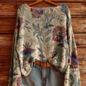 Women Floral Long Sleeve Comfy Vintage Sweater, Sweaters, color:Brown|size:4XL, catalog Noracora shop