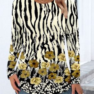 Casual Color Block Crew Neck Long Sleeve T-shirt, T-shirts, color:Khaki|size:4XL, catalog Noracora shop