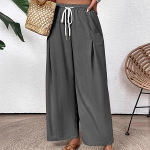Women Plain Long Elastic Waist Pants Casual Spring/Fall Trousers, JustFashionNow Pants, color:Deep Gray|size:XXL,