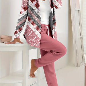 Women Abstract Printing Two-Piece Set Daily Long Sleeve Casual Spring/Fall Coat With Pants Matching Set, JustFashionNow Suit Set, color:Pink|size:XXL,