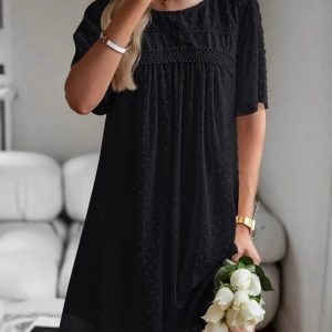 Women Polka Dots Short Sleeve Summer Split Joint Dress V Neck Daily Vintage Mini Classic A-Line Dress, JustFashionNow Dresses, color:Black|size:XXL,