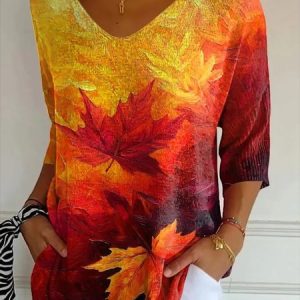 Vintage Gradient Pattern V Neck Three Quarter Sleeve T-shirt, T-shirts, color:Color2|size:5XL, catalog Noracora shop