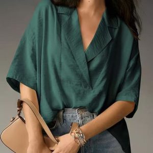 Women Plain Half Sleeve Shirt Summer Split Joint Shawl Collar Daily Casual Top, JustFashionNow Blouses, color:Green|size:XXL,