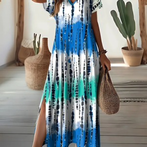 Women Abstract Short Sleeve Summer Printing Dress V Neck Daily Casual Maxi X-Line Dress, JustFashionNow Casual Dresses, color:Cyan|size:3XL,