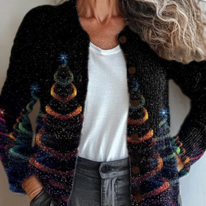 Women Christmas Printing Long Sleeve Crew Neck Vintage Spring/Fall Cardigan Outerwear, JustFashionNow Cardigans, color:Black|size:5XL,