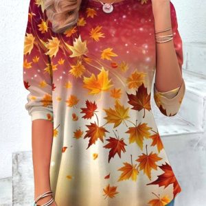 Casual Ombre Crew Neck Long Sleeve T-shirt, T-shirts, color:Red|size:4XL, catalog Noracora shop