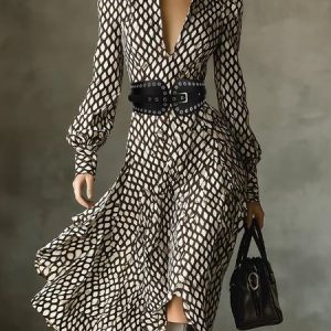 Urban Plaid Balloon Midi Dress With Belt, Midi Dresses, color:As Picture|size:XXL, Stylewe