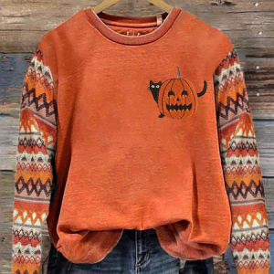 Halloween Pumpkin Printing Sweatshirt Vintage Crew Neck Comfy Cotton Top, Hoodies & Sweatshirts, color:Orange|size:XXL, catalog Noracora shop