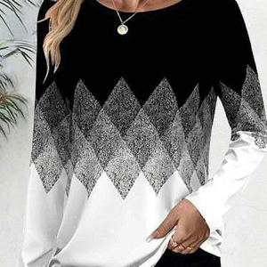 Women Abstract Long Sleeve Tee T-shirt Crew Neck Printing Casual Spring/Fall Graphic Tee Top, JustFashionNow T-Shirts, color:Black-white|size:XXL,