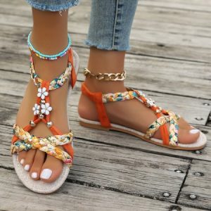 Casual Floral Slip On Flat Heel Espadrille Sandals, Women shoes, color:Orange|size:43, catalog Noracora shop