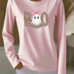Casual Halloween Crew Neck Long Sleeve T-shirt, T-shirts, color:Pink|size:4XL, catalog Noracora shop