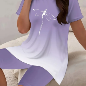 Women Dragonfly Printing Two-Piece Set Daily Short Sleeve Casual Summer Top With Pants Matching Set, JustFashionNow Suit Set, color:Purple|size:XXL,