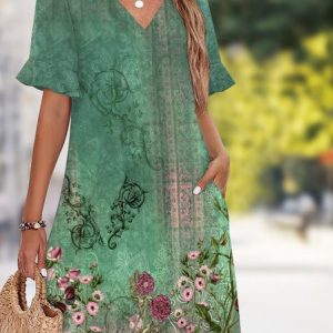 Women Floral Summer Dress V Neck Sleeveless Tank A-Line Dress, Dresses, color:Green|size:4XL, catalog Noracora shop